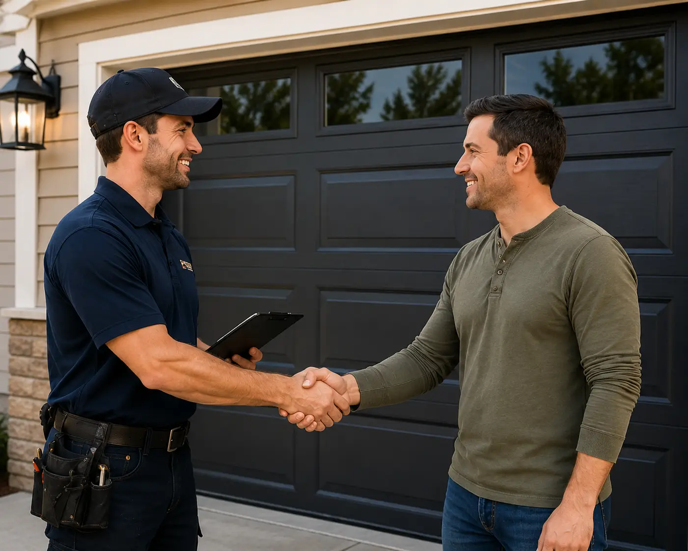 Garage door technician shaking hands with homeowner after installation