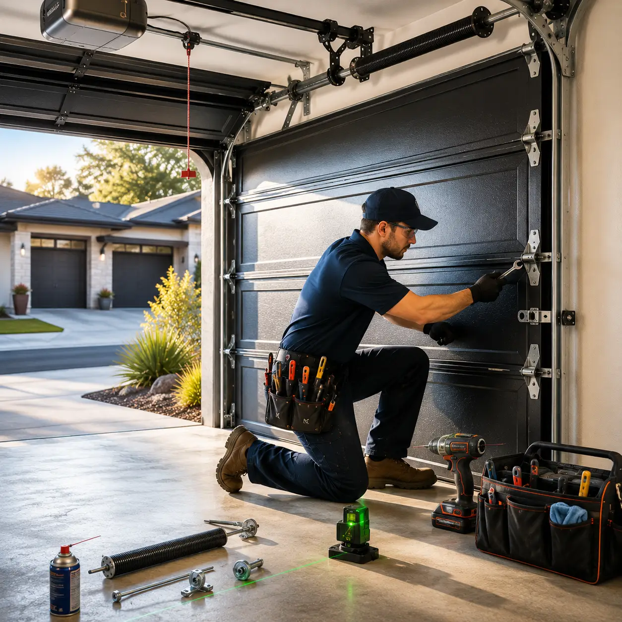 garage door technician repairing overhead door system in modern garage