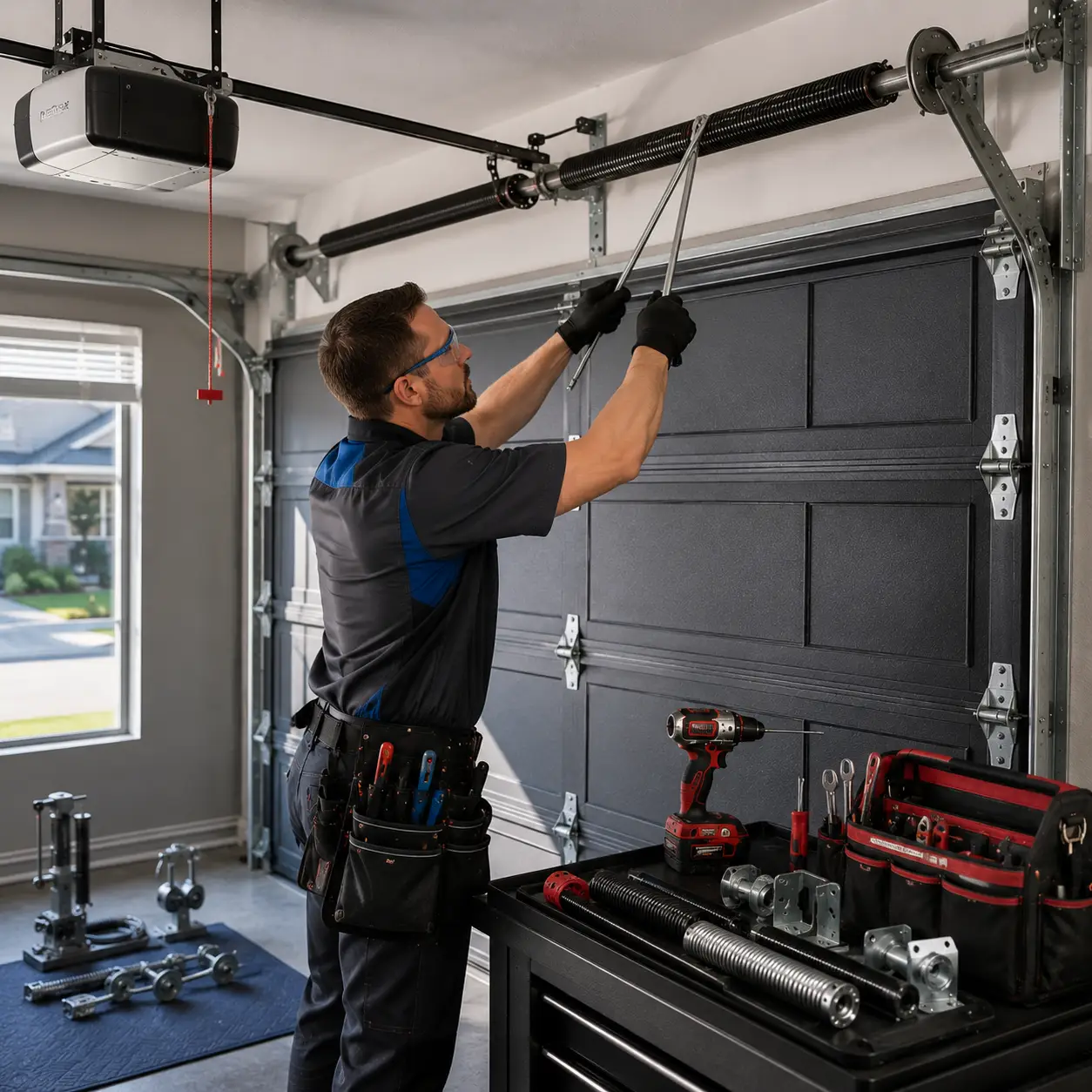 technician repairing garage door torsion spring in modern residential garage
